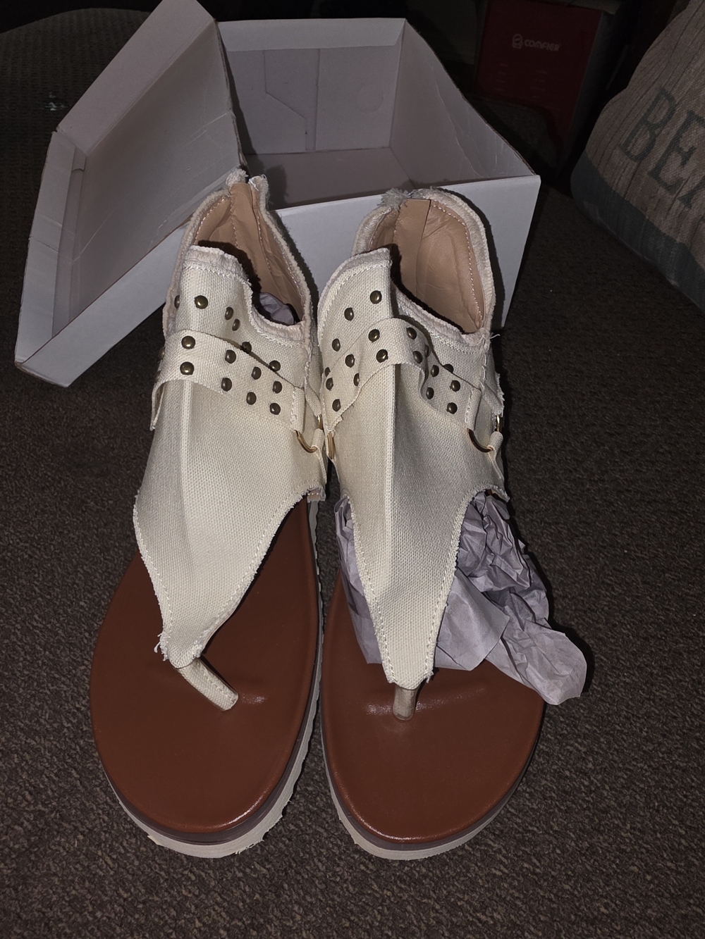Studded Canvas Cutout Sandals - Cream & Brown - Picture 3 of 3